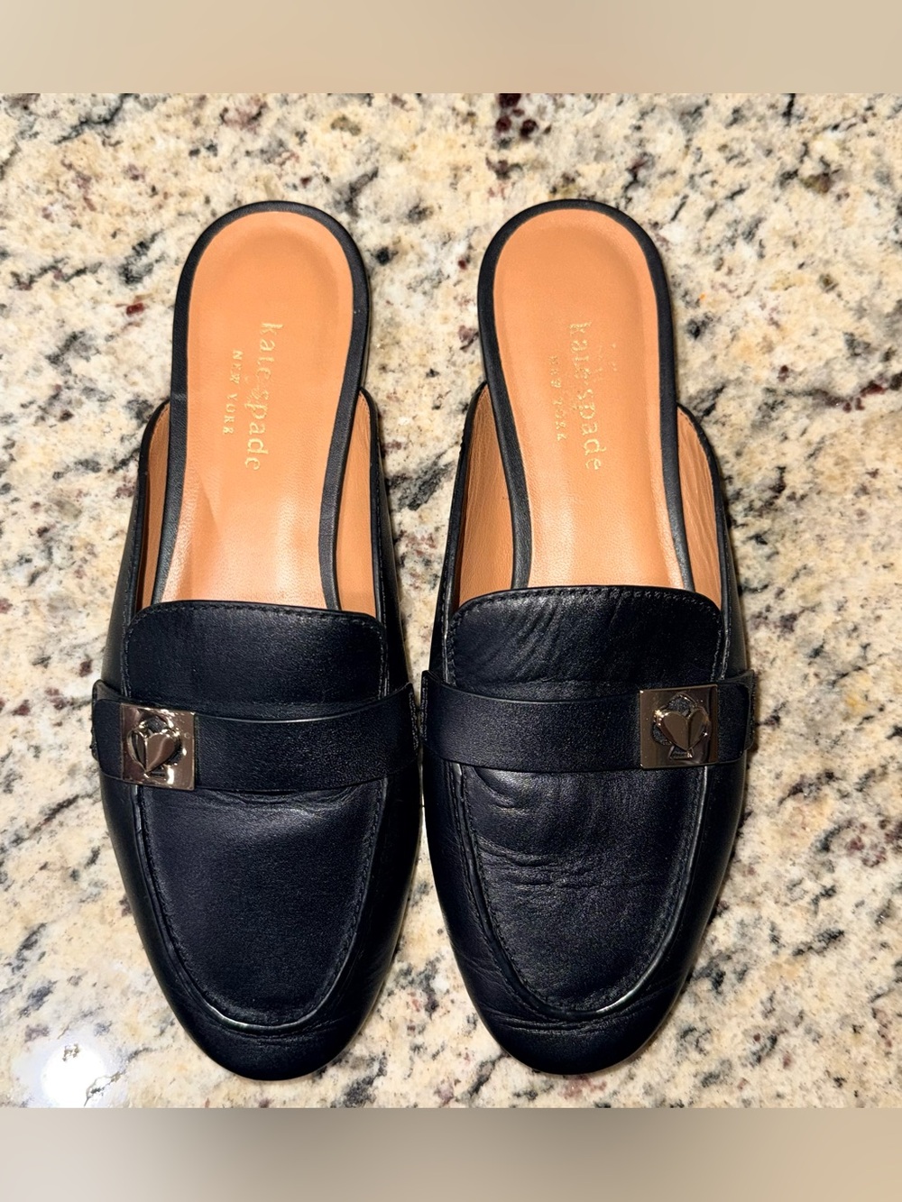 Kate Spade Catroux Black Leather Mule Loafers Gold Spade Hardware Slip-On Shoes